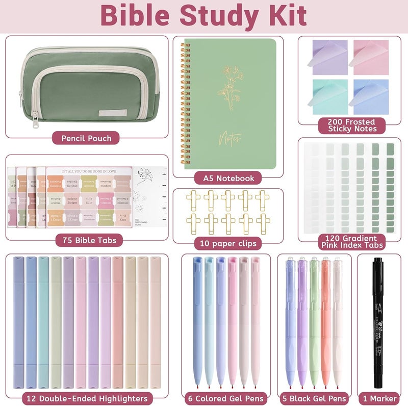 CHEPULA Bible Study Supplies Bible Journaling Kit for Women with Notes and Bible Tabs, Bible Highlighters and Pens No Bleed, Pencil Case Bible Study Kit, Bible Annotation kit Christian Gifts for Women (Green) - Image 2
